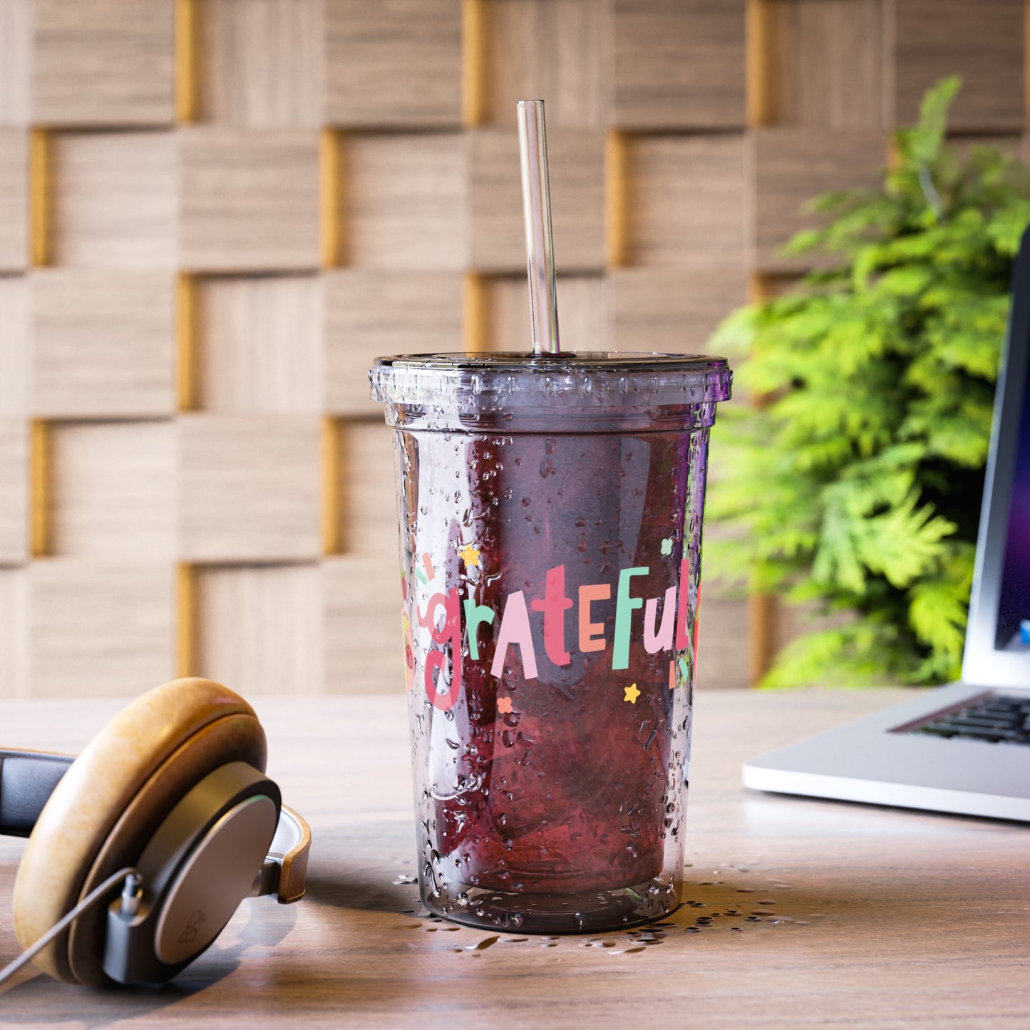 Grateful Acrylic Cup with Straw, Fun Summer Drinkware, Perfect for Parties, Gifts, and Everyday Use, Cute Beverage Tumbler