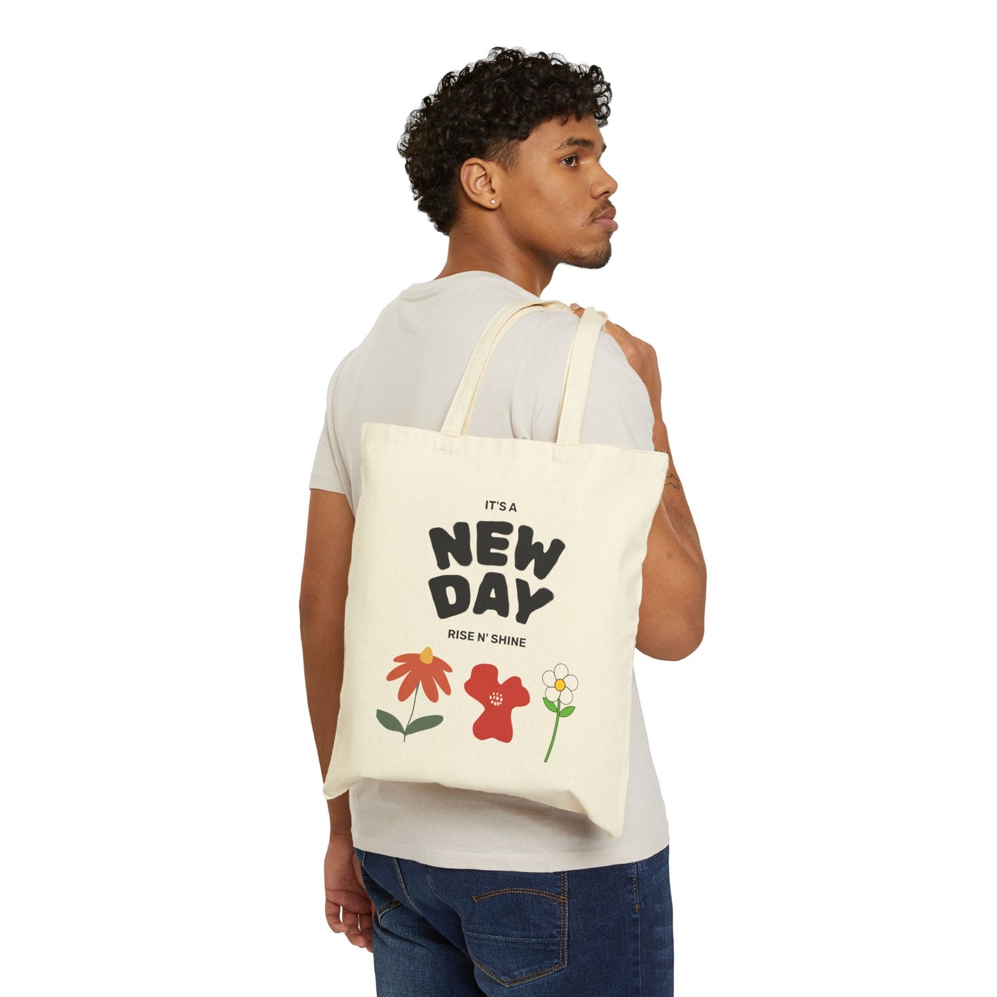 New Day Floral Cotton Canvas Tote Bag, Eco-Friendly Shopping Bag, Motivational Gift, Reusable Tote for Everyday Use, Perfect for Spring