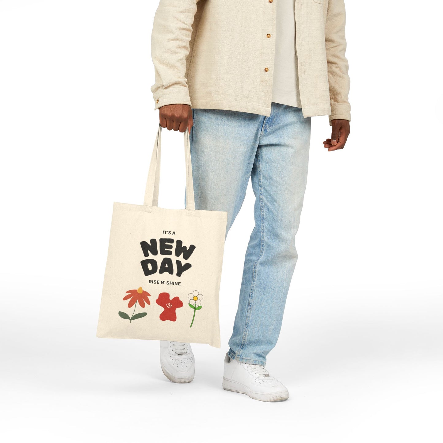 New Day Floral Cotton Canvas Tote Bag, Eco-Friendly Shopping Bag, Motivational Gift, Reusable Tote for Everyday Use, Perfect for Spring