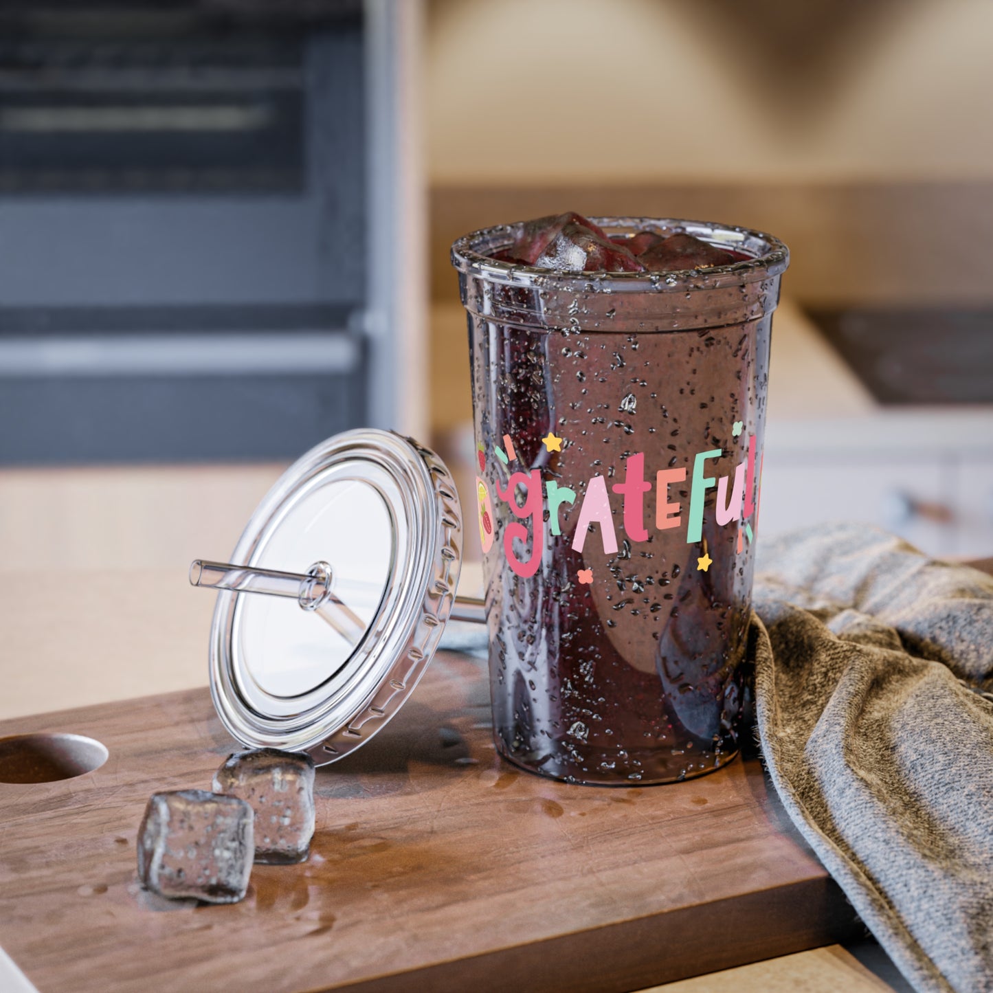 Grateful Acrylic Cup with Straw, Fun Summer Drinkware, Perfect for Parties, Gifts, and Everyday Use, Cute Beverage Tumbler