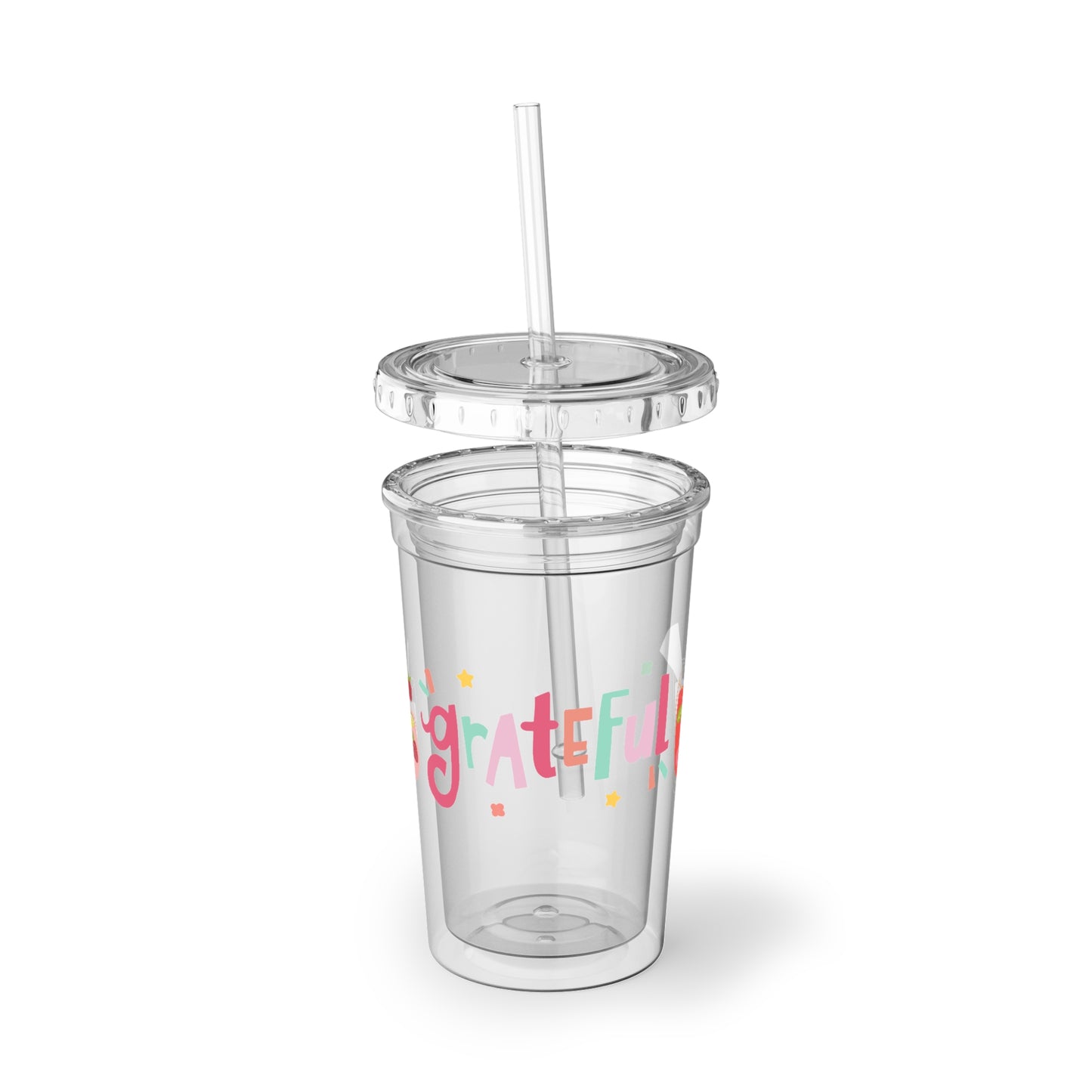 Grateful Acrylic Cup with Straw, Fun Summer Drinkware, Perfect for Parties, Gifts, and Everyday Use, Cute Beverage Tumbler