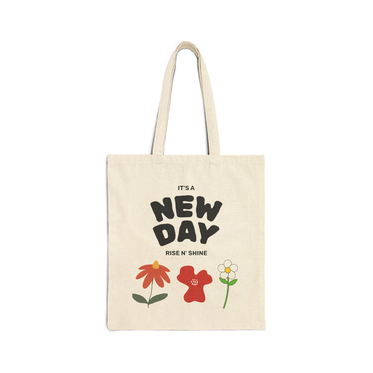 New Day Floral Cotton Canvas Tote Bag, Eco-Friendly Shopping Bag, Motivational Gift, Reusable Tote for Everyday Use, Perfect for Spring