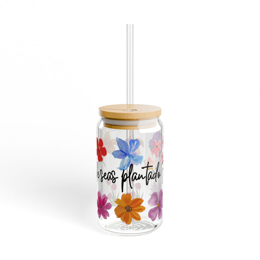 Floral Sipper Glass with Lid and Straw, 16oz, Perfect for Outdoor Picnics, Parties, Home Decor, Gifts