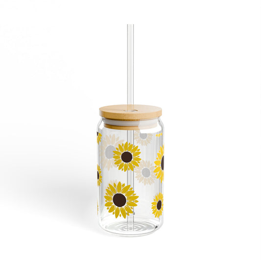 Sunflower Sipper Glass | 16oz Eco-Friendly Drinkware, Perfect for Summer, Gifts for Gardeners, Floral Hydration Jar, Reusable Straw Cup