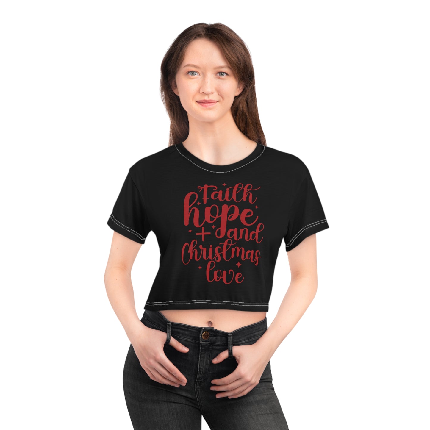 Faith, Hope, and Christmas Love Crop Tee, Holiday Apparel, Festive T-Shirt for Women, Christmas Gift, Casual Wear