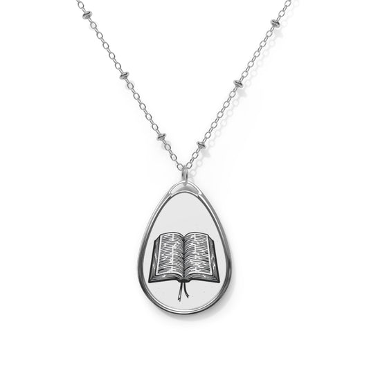 Inspirational Oval Necklace with Open Book Design, Faith Jewelry, Gift for Readers, Graduation Gift, Book Lover Necklace