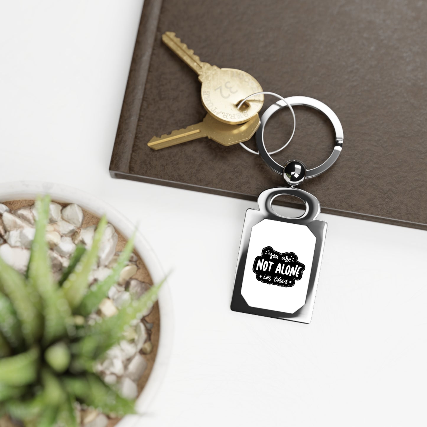 Rectangle Photo Keyring with Inspirational Quote, Keychain Gift for Friends, Not Alone, Personalized Keepsake, Thoughtful Gift